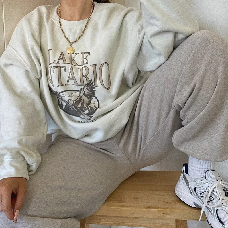 

Amerikaanse Vrouwen Trainingspak Grijs-Groene Brief Afdrukken Hoodie Vrouwelijke Ins Super Fire Capless Losse Tops Sweatshirts