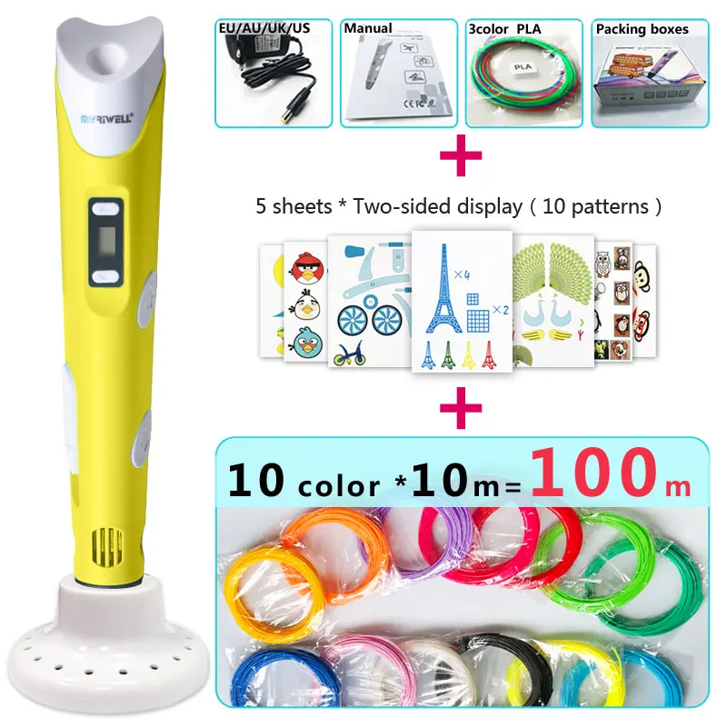 Yellow pen Package 4 Myriwell 3d Ручка 3d ручки, светодиодный дисплей, ABS/PLA нити, подарки для детей зарядка через USB, 3 d Ручка 3d модели Smart 3d печать pen-3d Волшебное перо - Цвет: Yellow pen Package 4