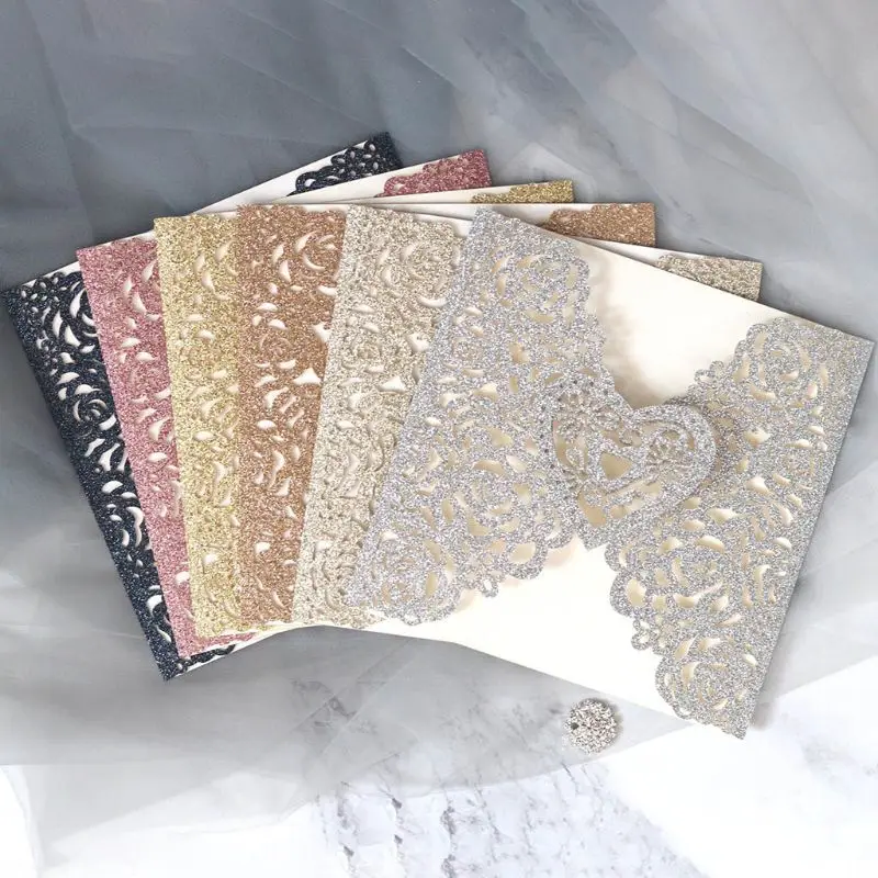 10 шт./компл. блеск лазером в форме розового сердца Свадебные Приглашения карты