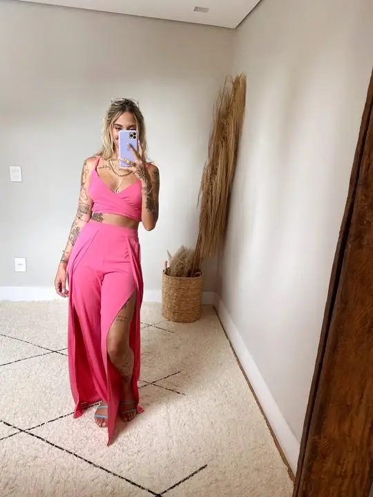 

2 Pieces Pants Suit Sets Women Solid Color Twist Knot Straps Camis+Loose High Slit Wide Leg Pants for Summer Office Lady Outfits