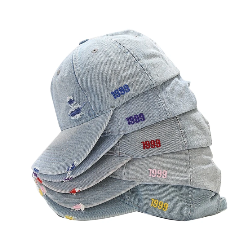 

Washed Denim Hole 1999 Embroidered Baseball Cap-Blue/Adjustable Circumference: 56-58cm Men's and Women's Outdoor Sports Cap