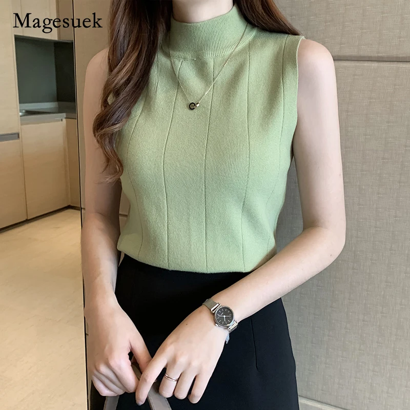 

2021 Autumn Winter New Half High Neck Shirt for Women Solid Slim Thin Sleeveless Knit Sweater Elegant Casual Blouse Blusas 15664
