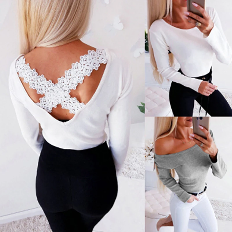Сексуальная Женская Осенняя футболка с длинным рукавом круглым вырезом