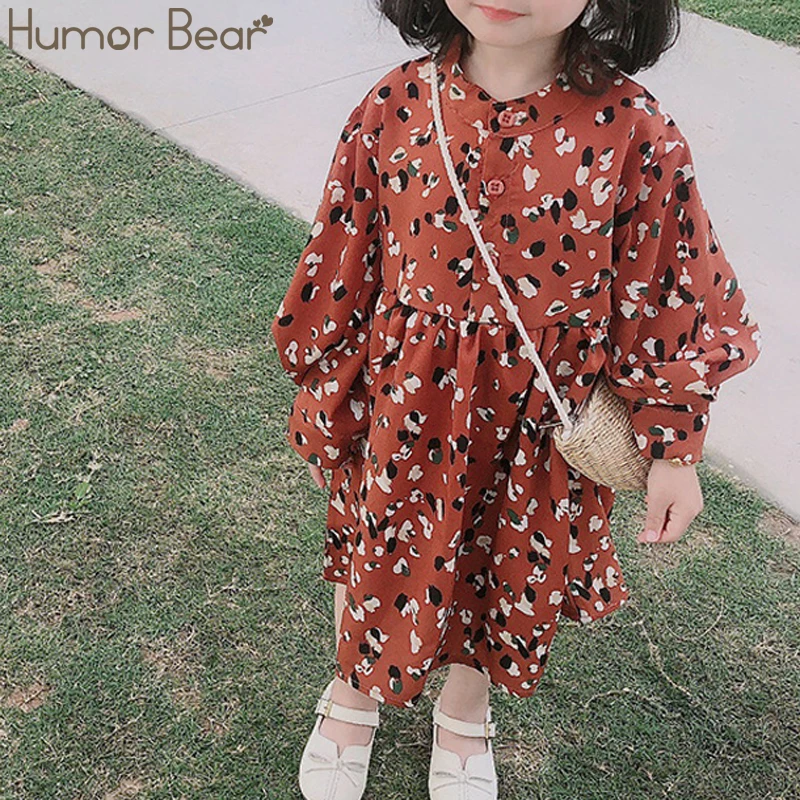 Humor Bear/Новинка года; платье для девочек; платье с длинными рукавами и цветочным принтом; осеннее однобортное платье принцессы с круглым вырезом