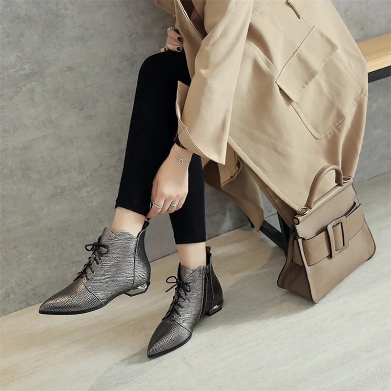 

Meotina Winter Ankle Boots Women Natural Genuine Leather Flat Short Boots Zipper Pointed Toe Shoes Ladies Autumn Big Size 34-42