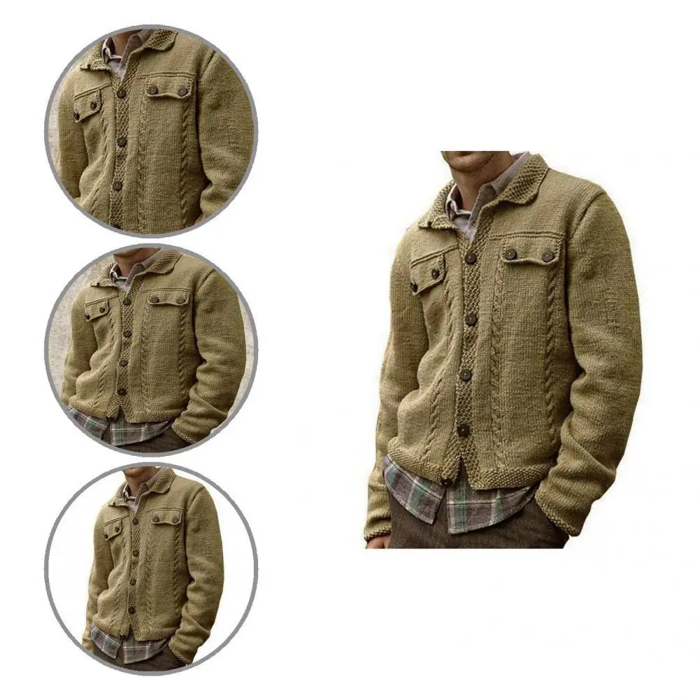 

Cardigan Skin-friendly Chic Turn-down Collar Solid Color Men Knitted Cardigan