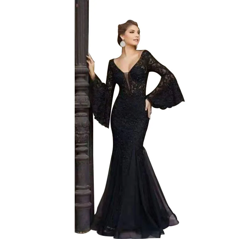 

2021 new noble sexy slim fishtail long banquet dress female black anchor
