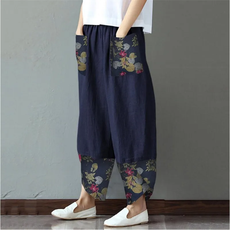 2021 European and  sk  American ladies print stitching fashion loose casual pants    1033