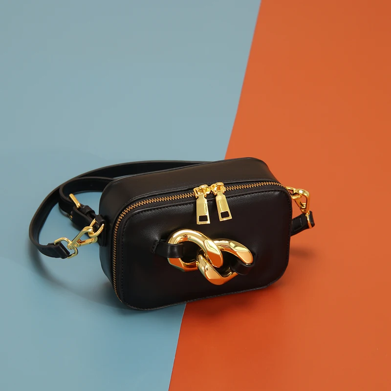 

Thich Metal Chain Logo Small Square Zipper Shoulder Bags for Women 2021 New Designer Handbags Dropshipping Crossbody Chest Purse