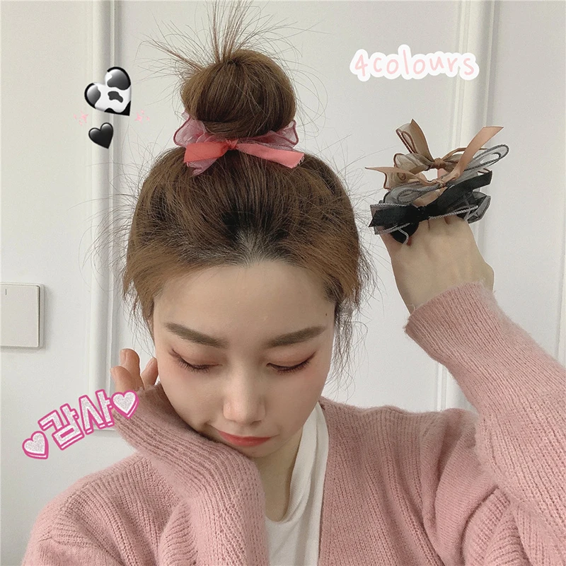 

Japanese Cute Multi-layer Lace Bow Bow Large Intestine Ring Spring And Summer New Organza Wood Ear Fat Intestine Ring Jewelry