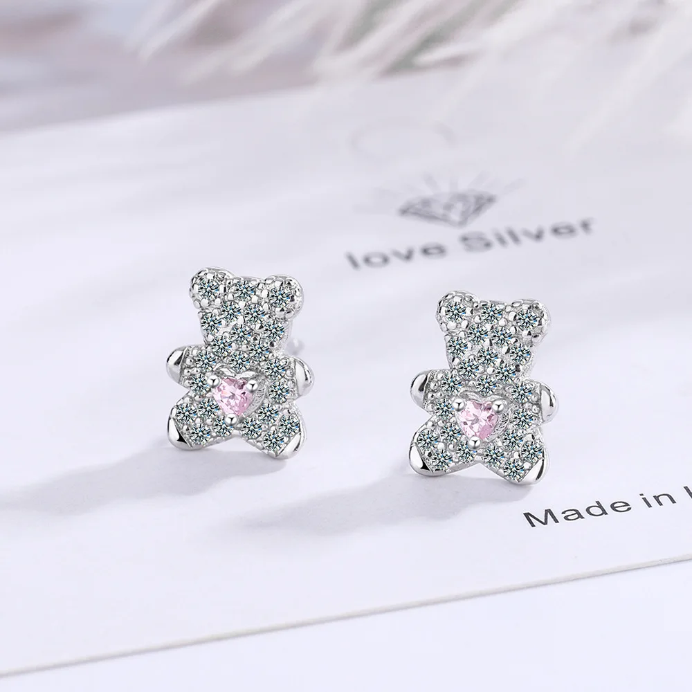 New Arrival 925 Silver Needle Sweet Cartoon Bear Animal Shiny Crystal Ladies Stud Earrings For Little Girls Gifts Cheap