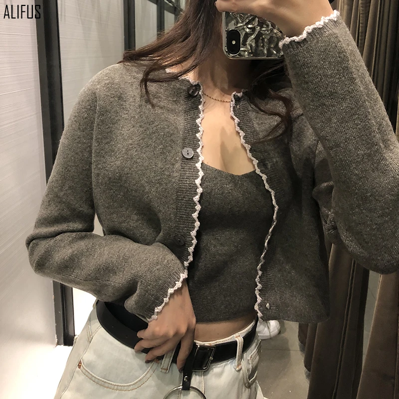 

2020 spring new round neck wool knit sweater long sleeve cardigan black sweater jacket women