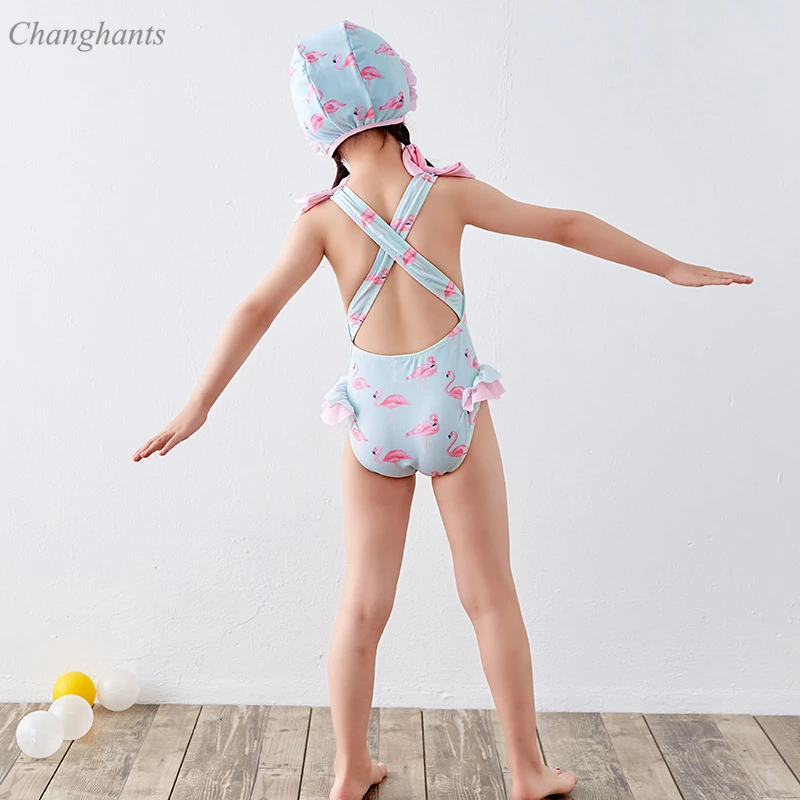 Для Девочек Цельный легкий купальник синий рубашка с изображением фламинго