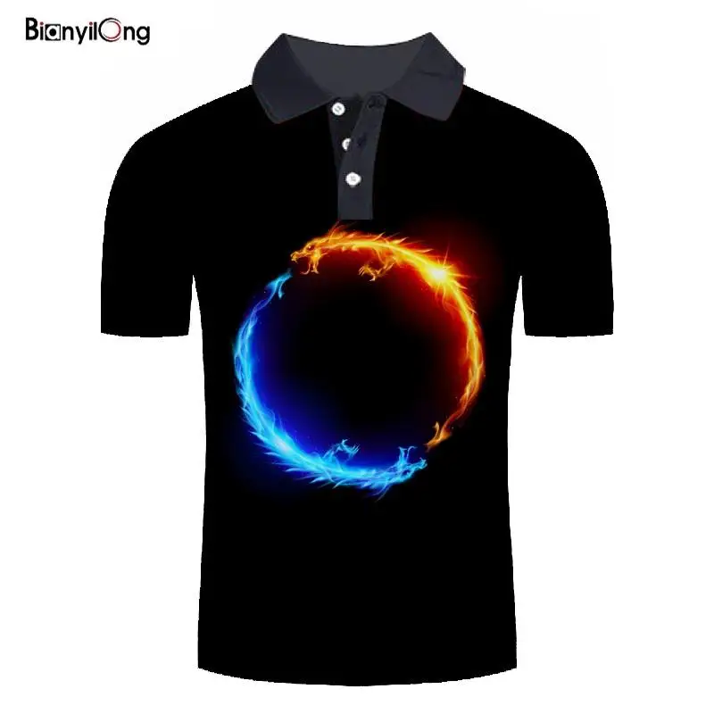 Мужская футболка поло с 3D принтом ледяного и пожарного дракона Повседневная