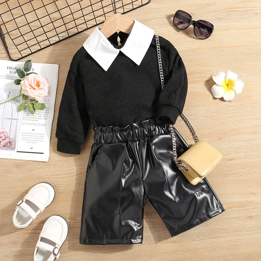 

girls 2-6 yrs Fashion Clothes Set 2 Pieces 2022 new long sleeved Sweater Tops+pu Leather shorts Kids Sets Girls Clothes
