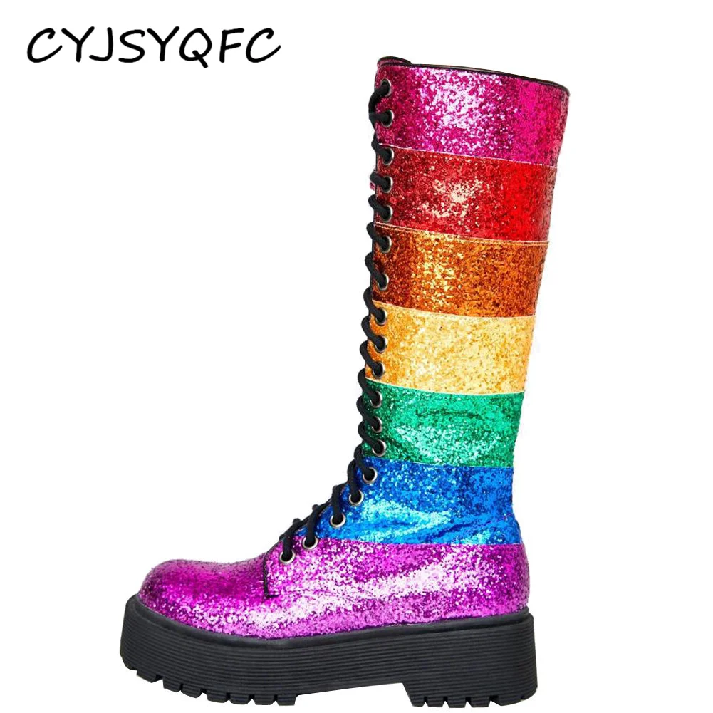 

Женские ботинки до середины икры, с круглым носком и блестками