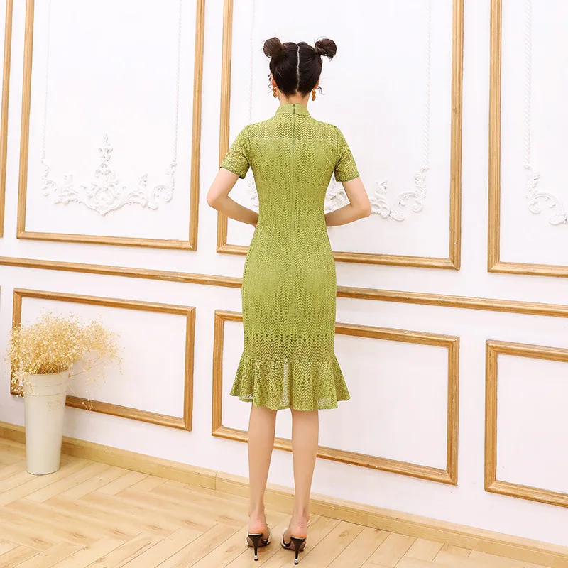 

Green Sexy Hollow Out Slim Cheongsam Female Improved Chinese Mermaid Qipao Dress M-XXXL Summer Novelty Lace Chinese Dresses