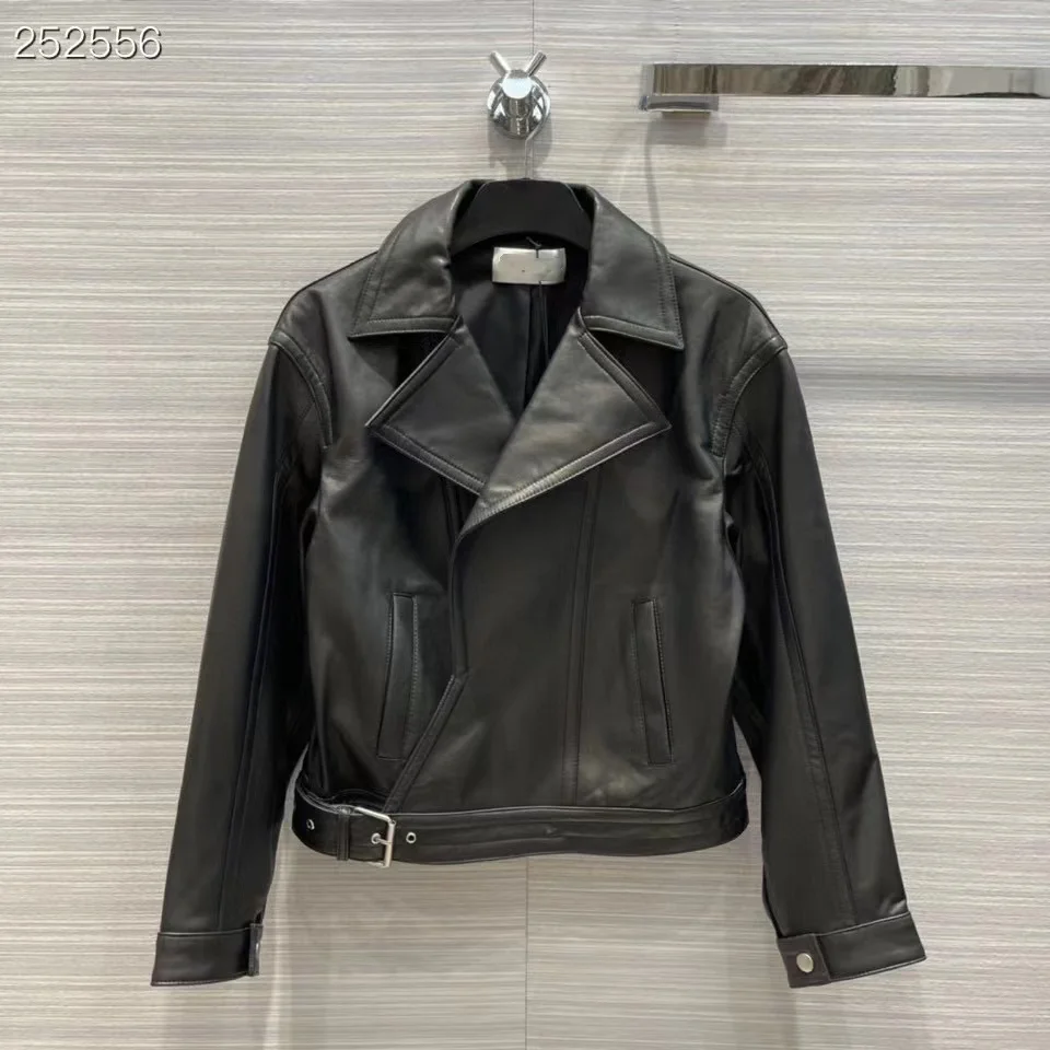 

Fashion Women Top Style Long Sleeve Sheepskin England Jacket Casual Streetwear Coat Lapel Collar Genuine Leather Black Jacket