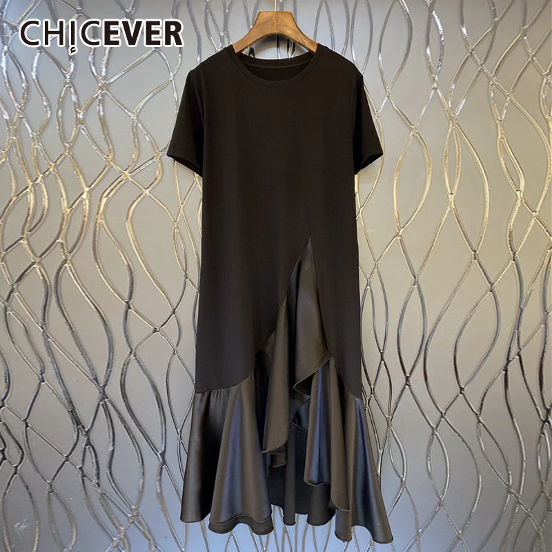 

CHICEVER Casual Patchwork Dress For Women O Neck Short Sleeve Mid Hit Color Ruffles Dresses Females Clothing 2021 Summer Fashion