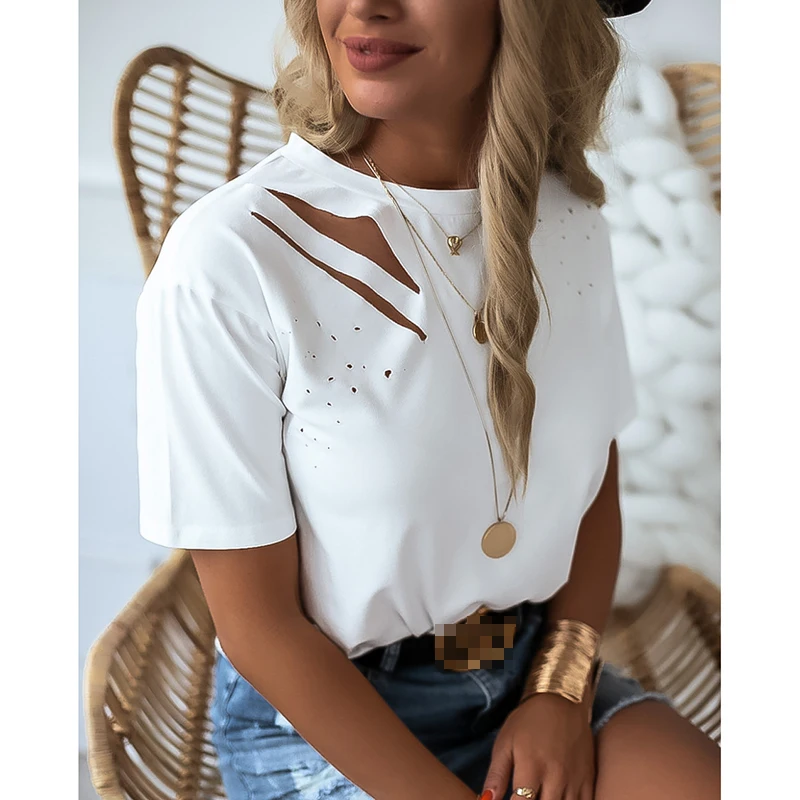 Женская футболка с круглым вырезом повседневная однотонная белая коротким