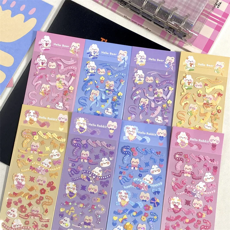 

Cute sequined rabbit animal lace ribbon cuckoo card DIY sticker hand account