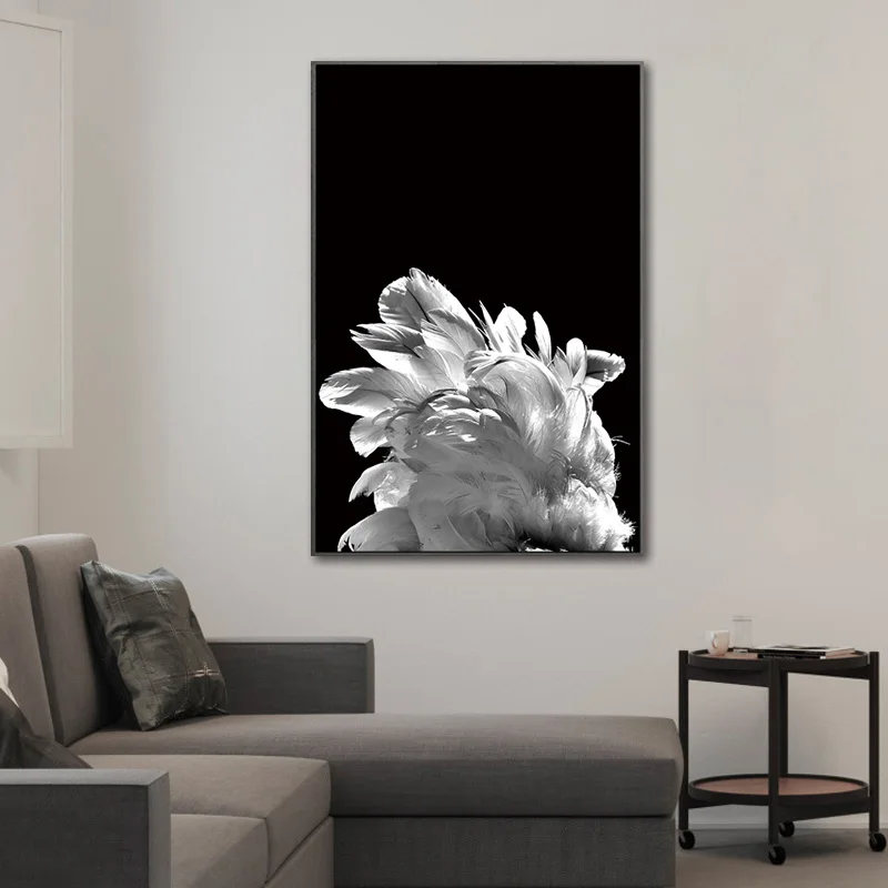 

Modern Simple Canvas Painting White Flower Black Feather Wall Art Painting Poster Nordic Print Painting Home Decor Living Room