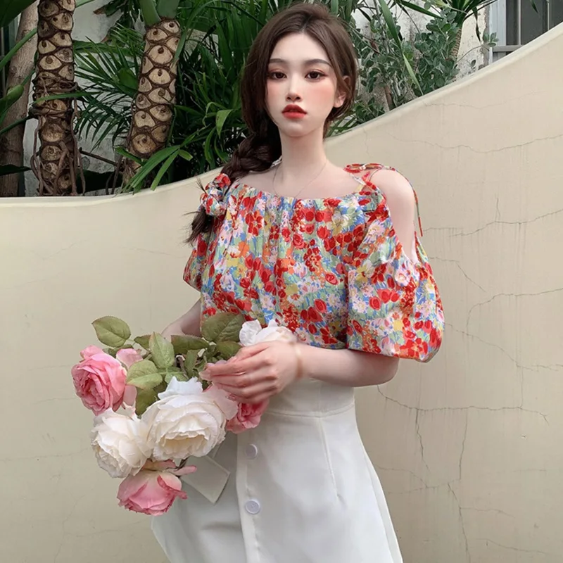 

Women Slash Neck Blouse And Tops Strapless Summer Blouse Puff Sleeve Floral Shirt