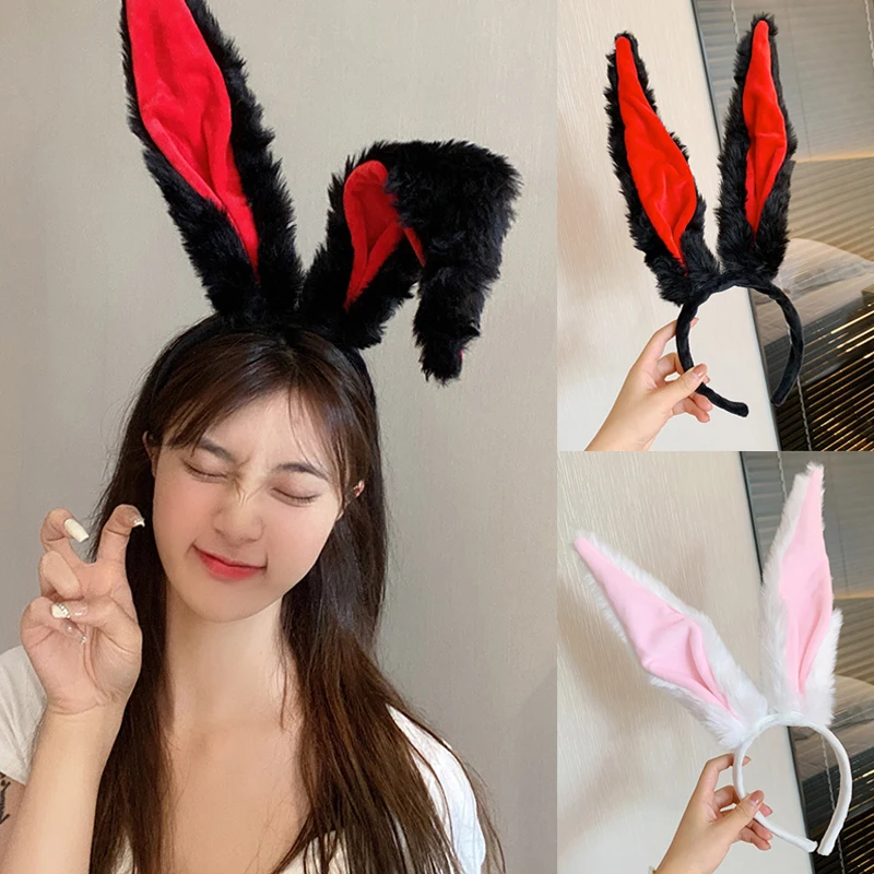 

Gothic Female Girls Lolita Cosplay Headband Fluffy Plush Sweet Long Rabbit Bunny Ears Bandana Hair Hoop Cartoon Anime Headpiece