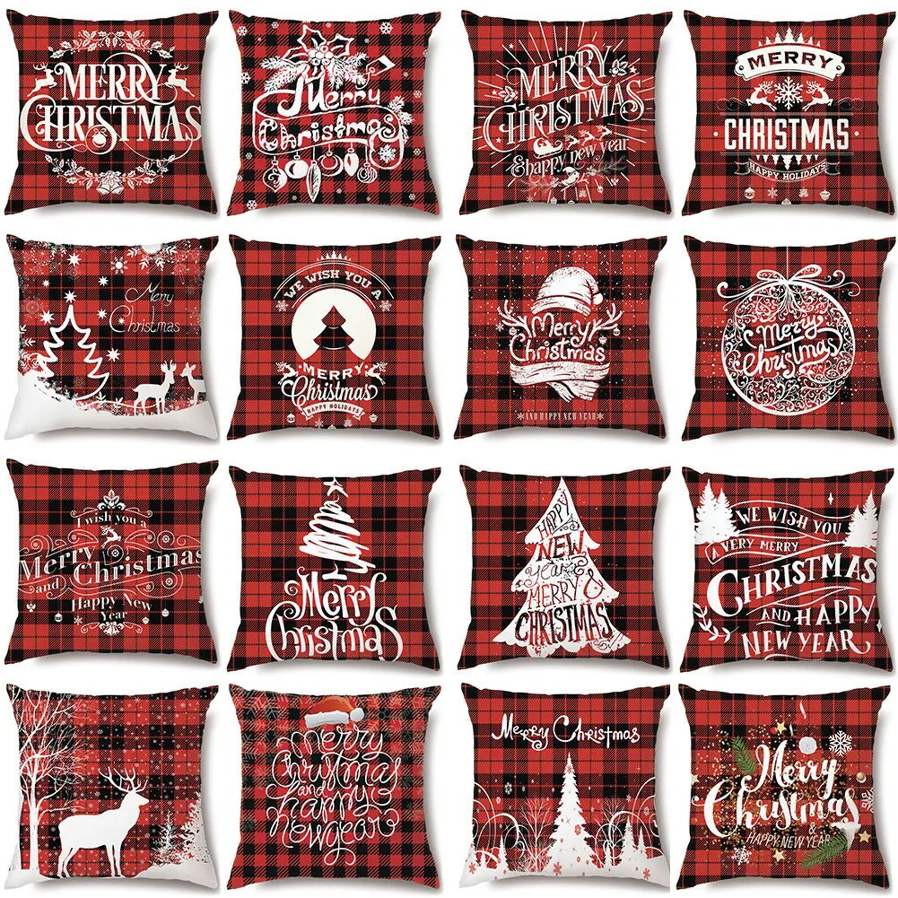 

Christmas Cushion Cover 18x18 Inch Red Merry Christmas Printed Farmhouse Decorative Buffalo Check Linen Pillowcase Home Decor