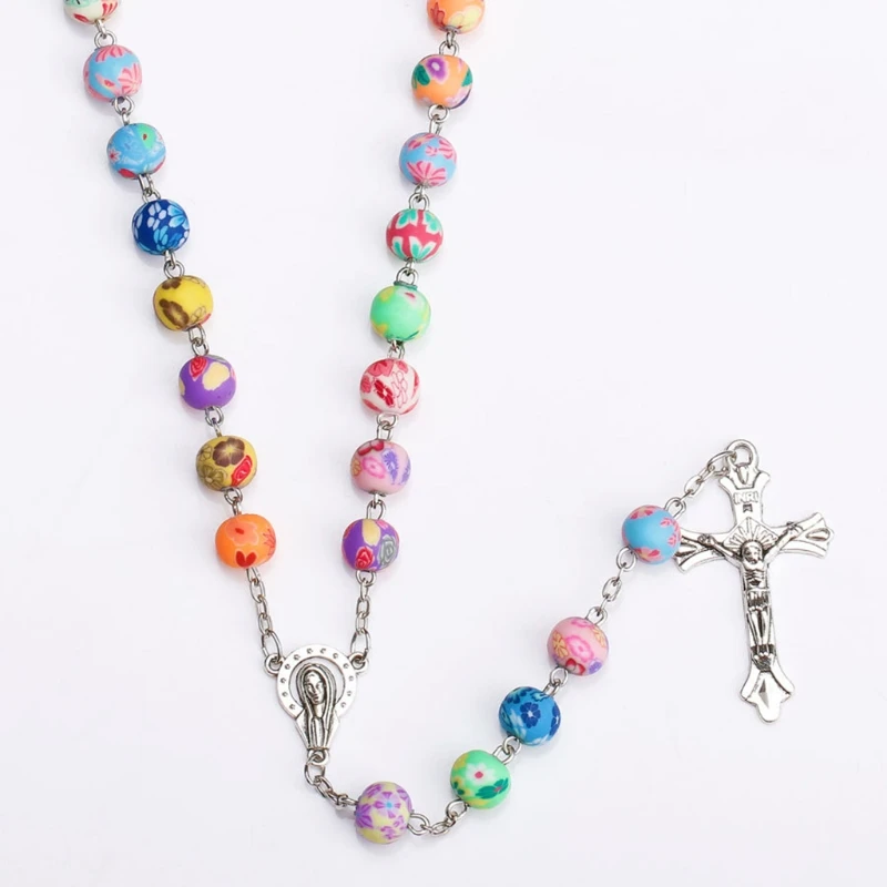 

449C Religious Rosary Necklace Cross Crucifix Pendant Christian Catholic Multicolor Polymer Clay Prayer Beads Chain Jewelry for