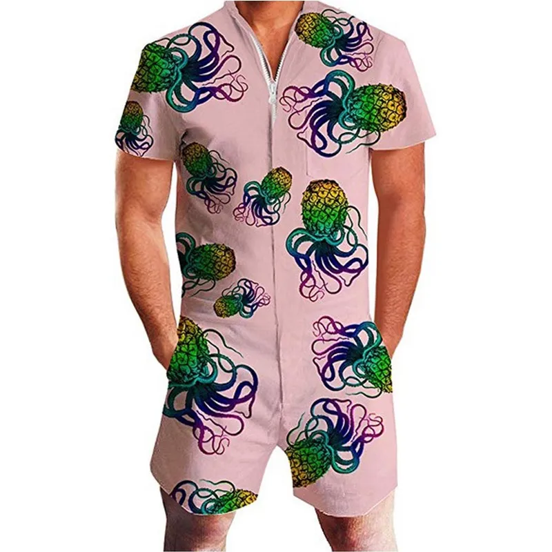 pineapple 1 New Mens Rompers 90s Jazz Solo 3D Paper Cup Printed Jumpsuit Harem Cargo Overalls Summer Hip-Hop Casual Bibs Pants Dropship - Цвет: pineapple 1
