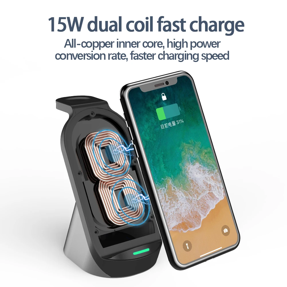 

Wireless Fast charger Dock Station For iPhone/Android/Type-C Phones 15W High power Charging Stand Apple Watch AirPods Pro 3 in 1