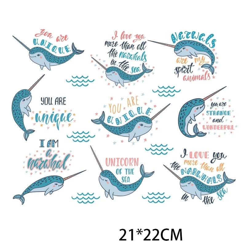 

1PCS Lovely Ocean Animal Unicorn Whale Sets Heat transfer for Clothes DIY Cartoon Iron On Transfer Clothing T-shirt Stickes