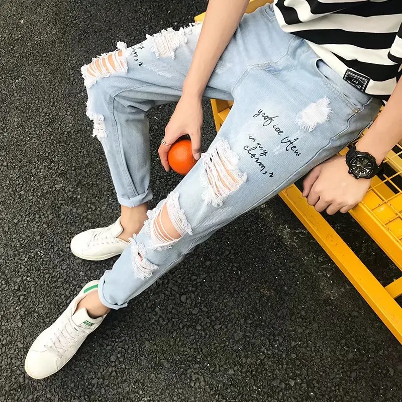 Brand Jeans Men New Men's Slim Elastic Hole Jeans Fashion Business Classic Style Stretch Ripped Jeans Streetwear Pants Trousers
