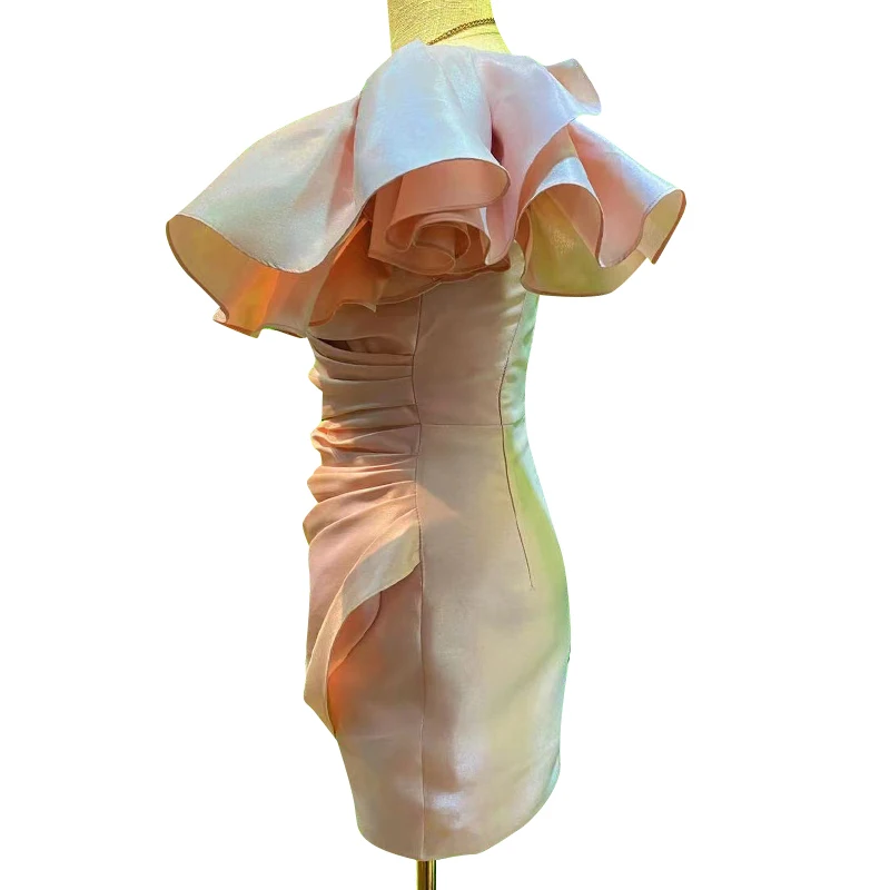 

Crinkle Casual Dresses Female V Neck Flounce Short Sleeve High Waist Mini Bodycon Summer Women's Dress 2021 Fashion