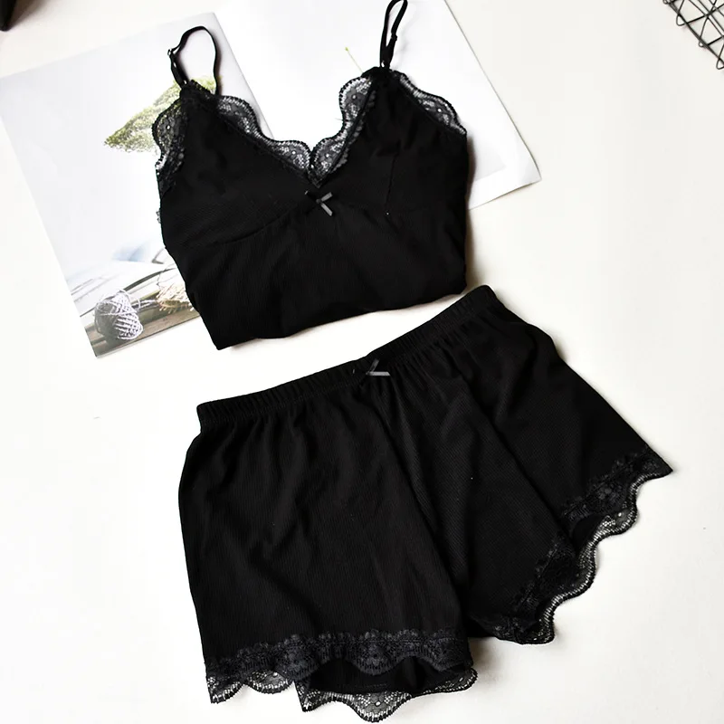 Two Piece Cotton Pajamas Set for Women Sexy Lace Top And Shorts Pajama Sets Spaghetti Strap Sleepwear High Elastic Woman Clothes