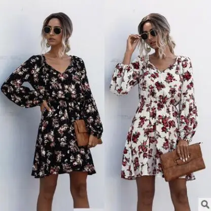 

2020 Fashion Autumn Women's Floral Printed printed V-neck Tie Long Sleeve Dresses Sundress