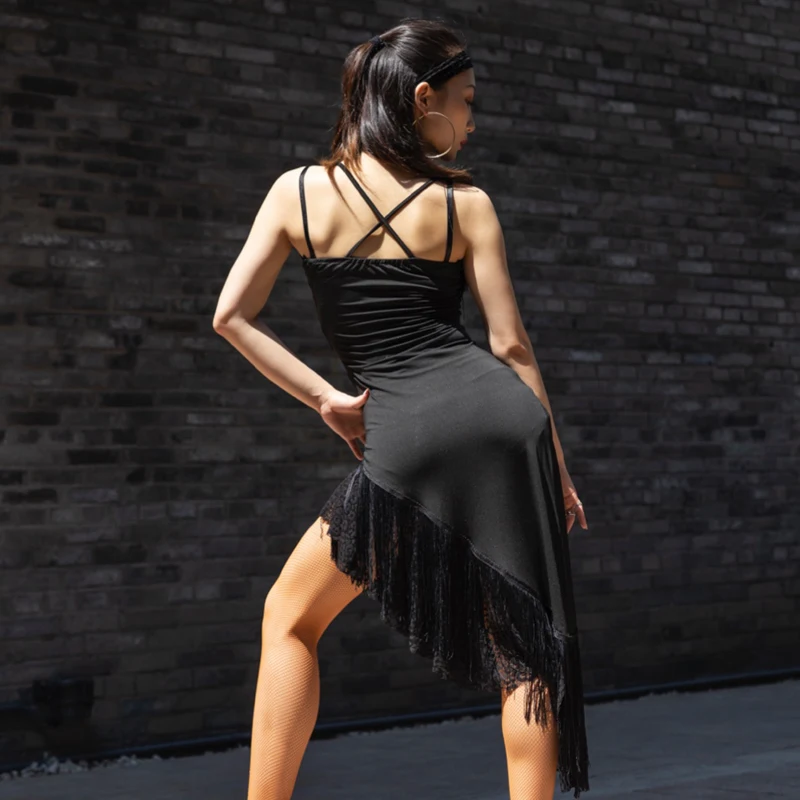 Женское платье для латиноамериканских танцев черное кружевное с бахромой одежда