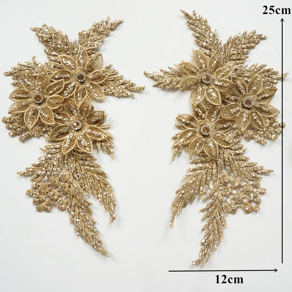 2 шт. стразы с золотыми блестками Кружевная аппликация шитье цветочная ткань