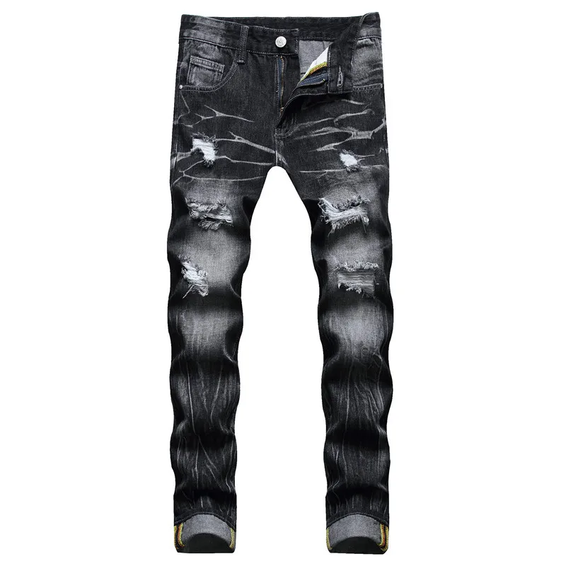 

2021 New Season Men's HOLE Ripped Straight Washed Fashion Casual Jeans Pants