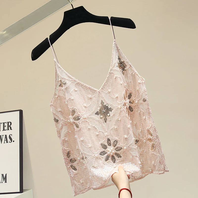 Sexy Sequin Bead Sling 2021 New Summer Female Crop Top Black Camisole Women's Fashionable Knitted Outer Wear Base Shirt