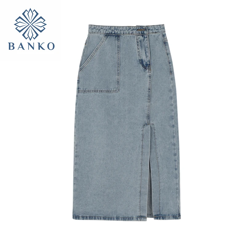 

Summer Women High Waist Straighted Jeans Skirt Washed Blue Side Slit Fashion Denim Skirt 2021 Korean Casual Cotton Skirt Female
