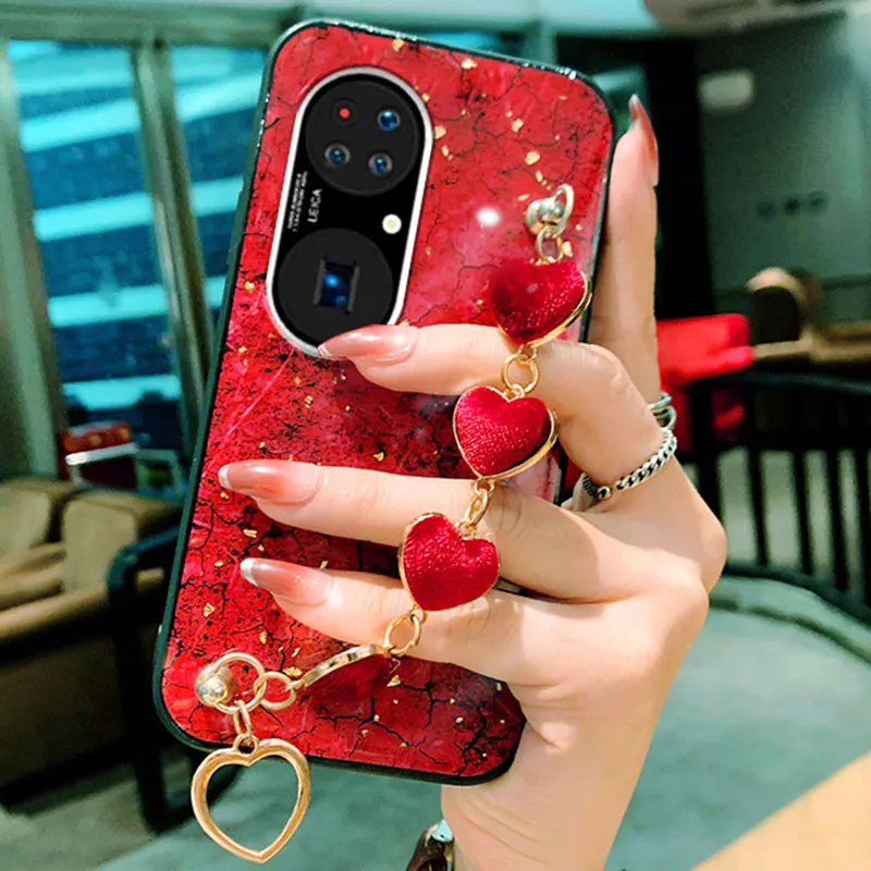 Marble Heart Bracelet Case For Huawei Y9 Prime 2019 Y9s Y7P Y7A Y6P Y5P P50 P40 P30 Pro P20 Lite Plush Wrist Strap Silicon Cover