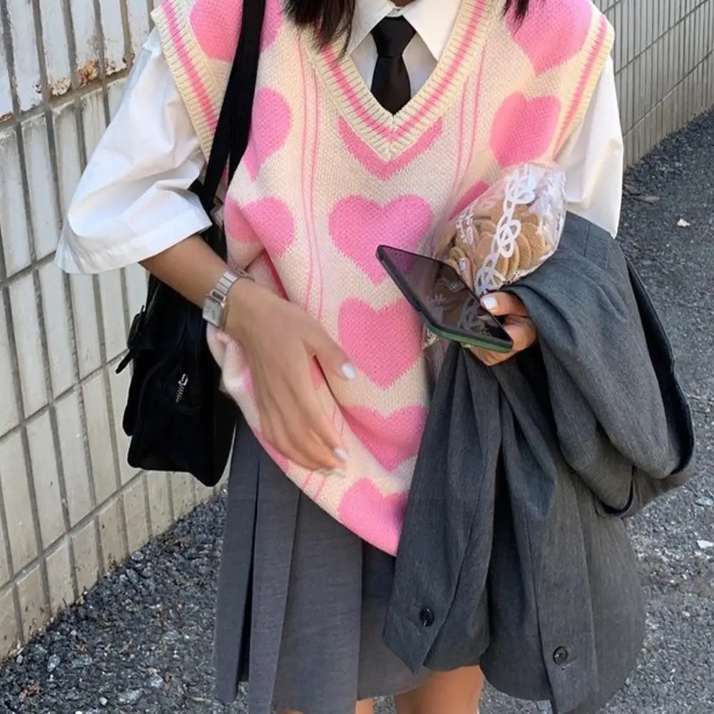 

Винтажный свитер в Корейском стиле, Свободный вязаный пуловер с V-образным вырезом, безрукавка, модные свитера оверсайз, Осенний топ с принт...