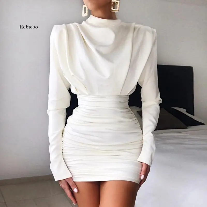

White Long Sleeve Slim O-Neck Dress Sexy Casual Mini Dress Zipper Color Solid Pleated Dress