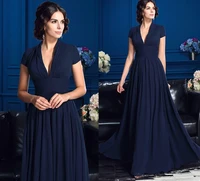 modern full length navy blue chiffon evening dresses 2021 v neck short sleeves pleated prom formal party gowns vestidos noiva