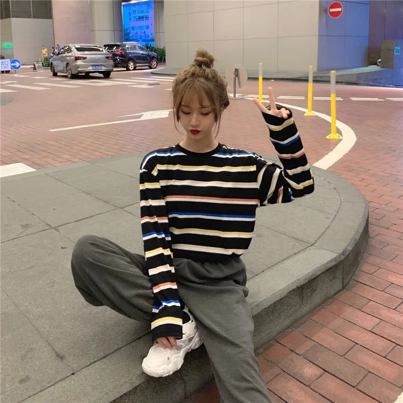 Радужная футболка для женщин в полоску Kawaii одежда Harajuku корейский Стиль Уличная Эстетическая с длинным рукавом Осень Roupas Feminina О образным вырезом