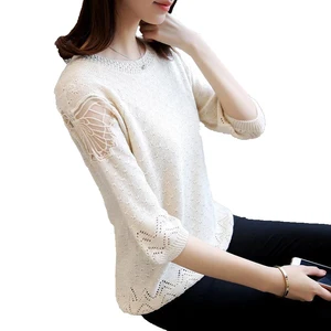 Женский осенне-весенний однотонный вязаный свитер с вырезами, свободные джемперы с круглым вырезом и рукавами три четверти, повседневные женские пуловеры, 2020