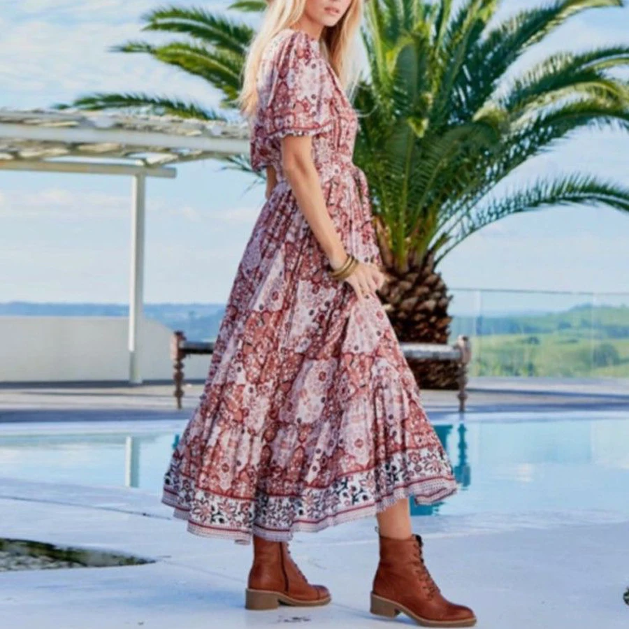 TEELYNN boho floral print maxi dresses cotton rayon vintage deep v neck 2020 summer dress beach women Casual vestidos robe | Женская