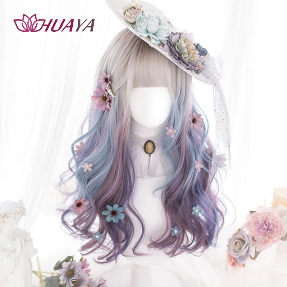 

HUAYA Lolita Long Curly Synthetic Wig For Women Foggy Gradient Mixed Omrbe Bangs Cute Girl Party Synthetic Cosplay